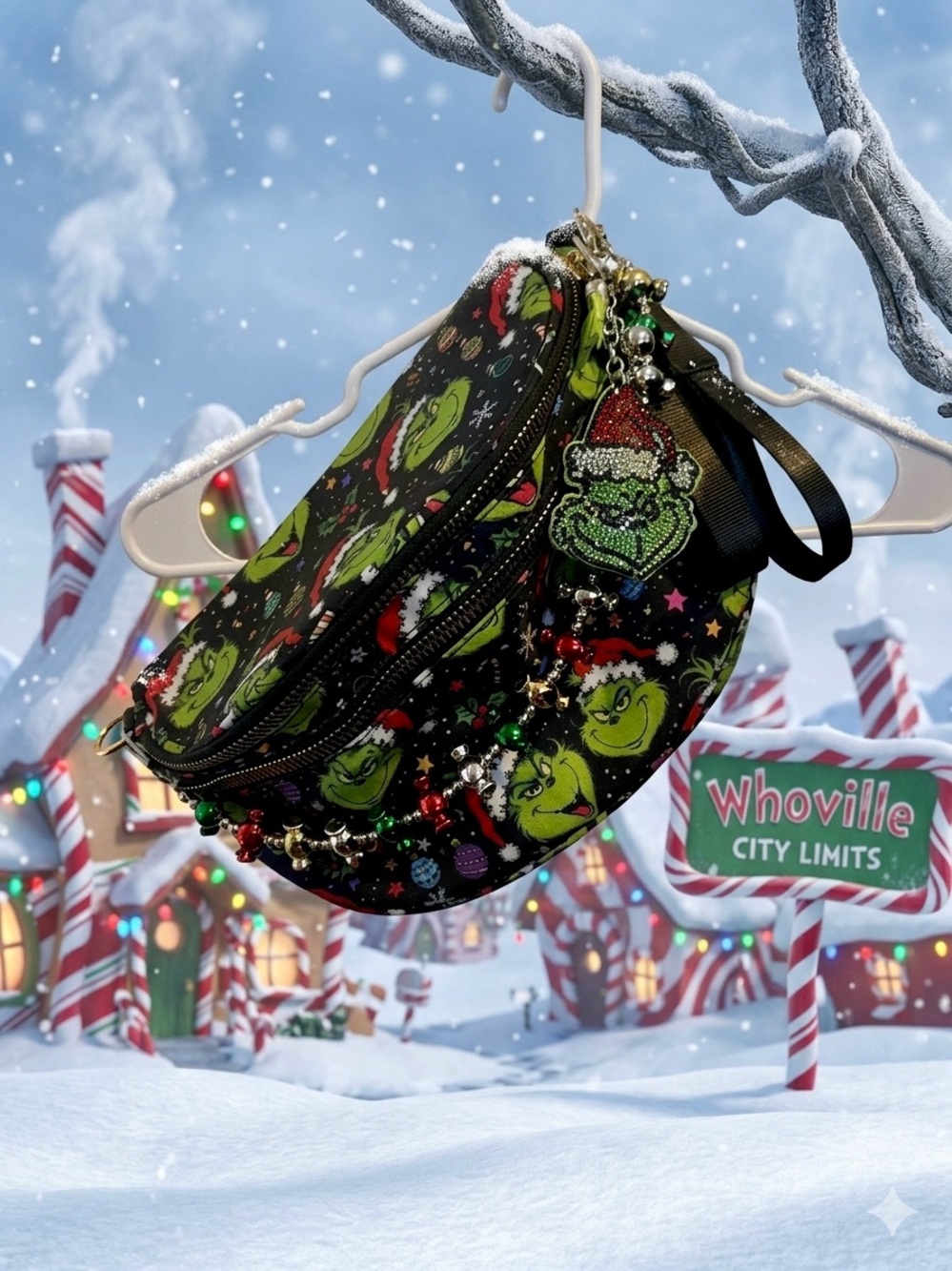 Grinch Print Black Holiday Crossbody Bumbag